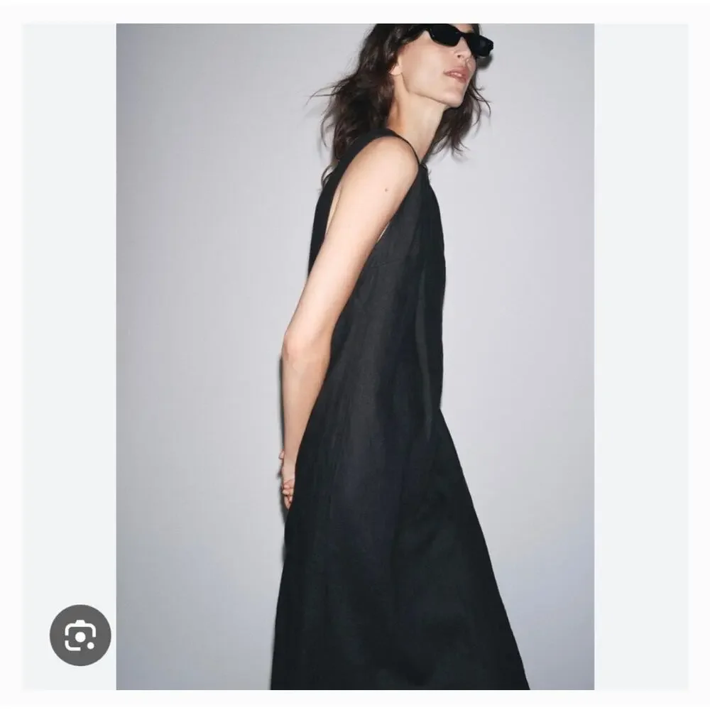 NWT Zara 100% Linen Midi Dress Size Small Black 2731/094 Lagenlook Preppy Chic - Picture 8 of 14